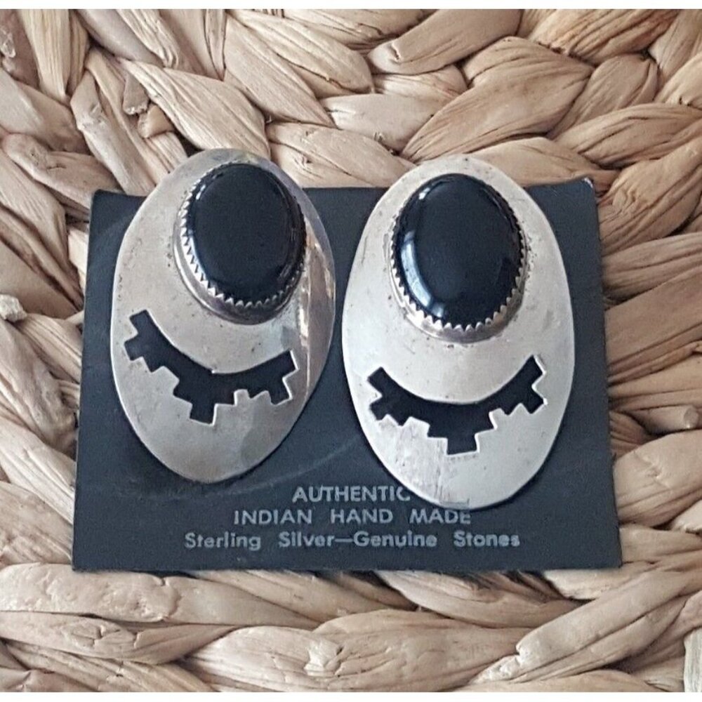 Vtg M.Begay Navajo Sterling Silver Onyx Cabochon Shadow Box Earrings Southwest